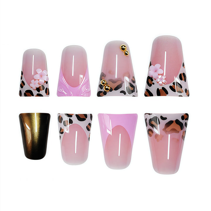 Decorative Press-On Nail Art with Floral and Leopard Accents Kalsten