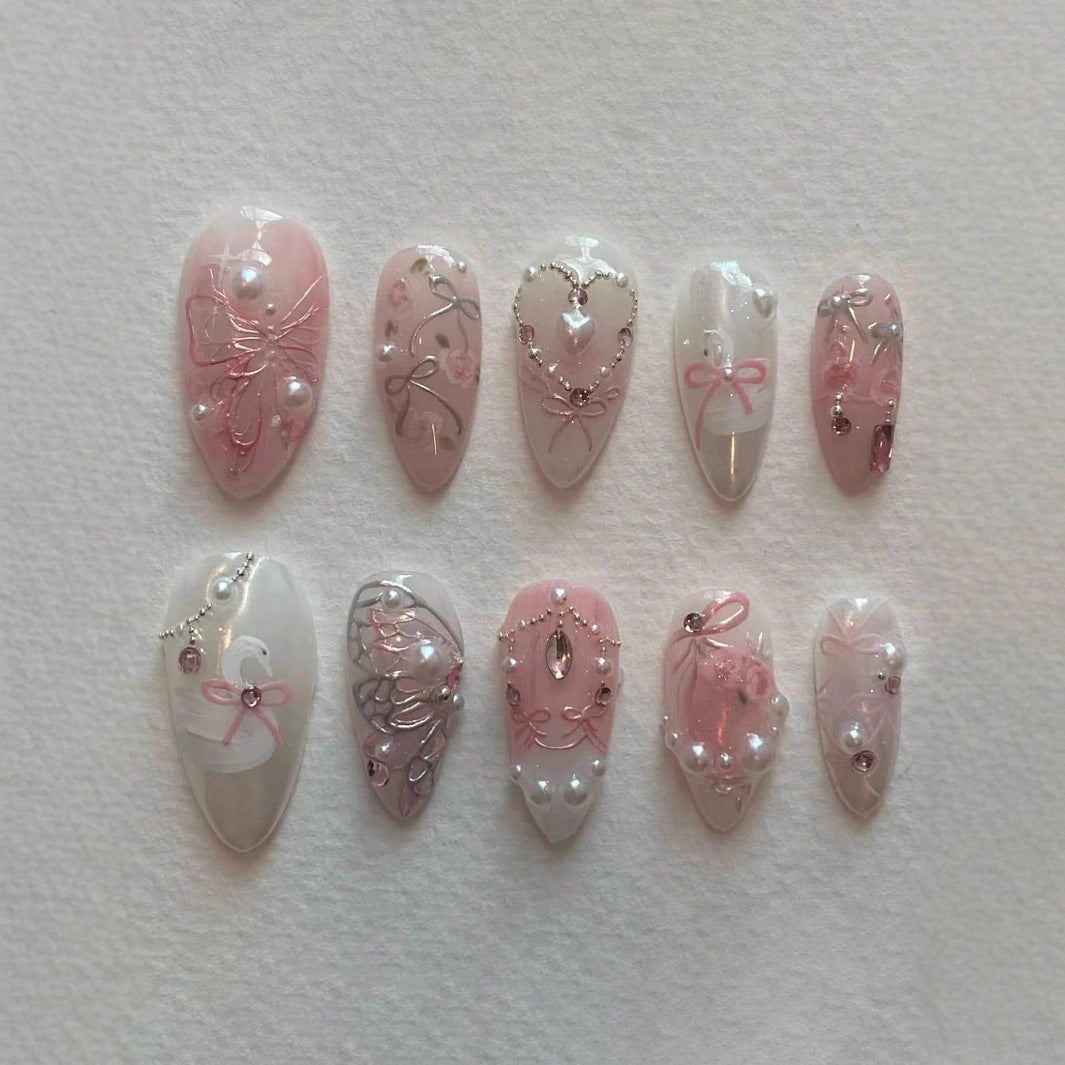 Decorative 3D Bow and Pearl Press-On Nail Art Kalsten