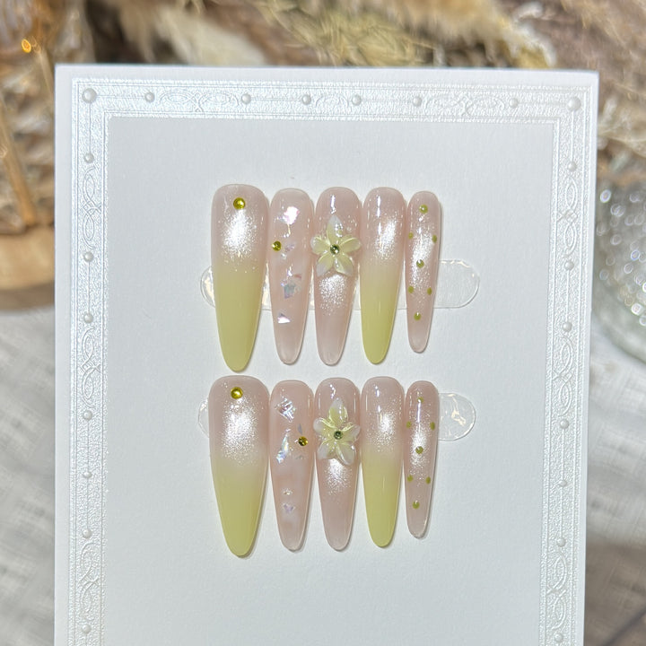 Elegant Long Stiletto Press-On Nail Art Set with Floral Accents Kalsten