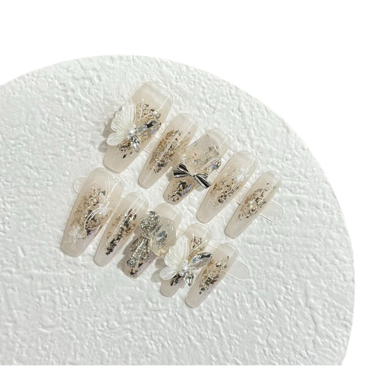 Artistic Press-On Nail Set with Butterfly and Floral Accents