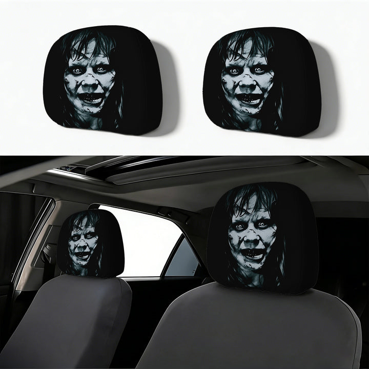 Car headrest cover with retro horror motif