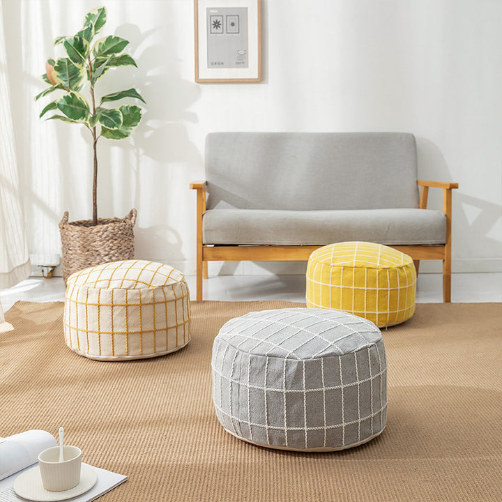 Round seat pouf with knitted check cover and shape-stable inner core Kalsten