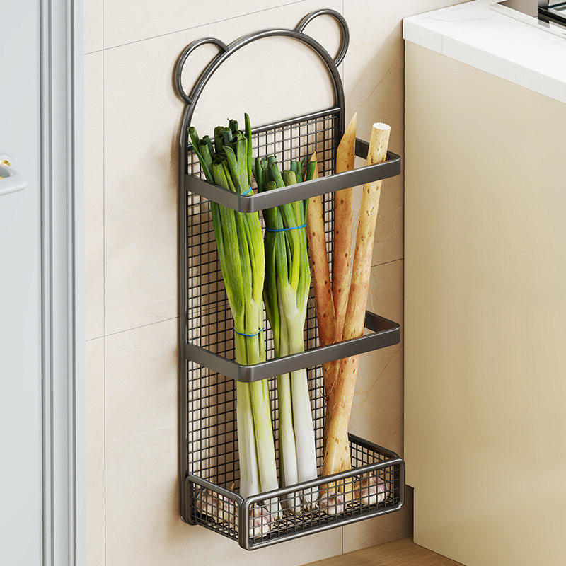 Wall-Mounted Vertical Mesh Produce Storage Rack with Three Tier Shelves and Bear-Ear Decorative Top