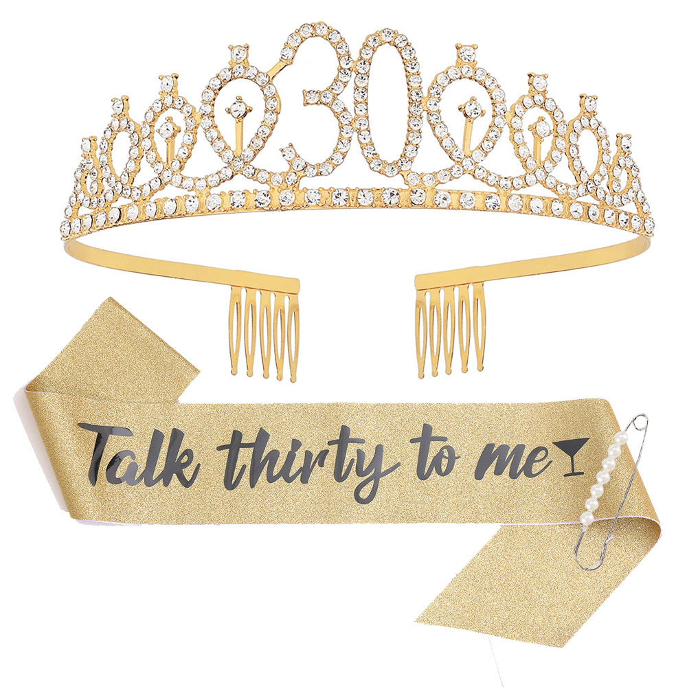 Women Crystal-Embellished Birthday Crown with Personalized Sash Kalsten