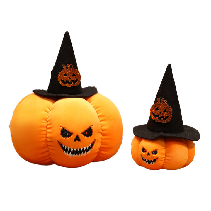Plush pumpkin decoration figure with witch hat and embroidered spooky face
