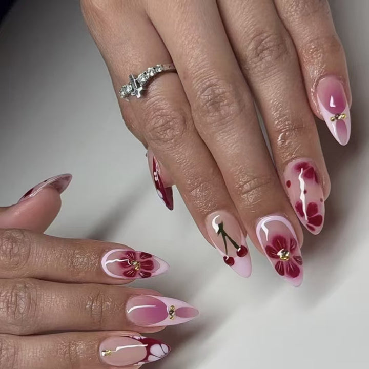 Artistic Floral and Cherry-Embellished Press-On Nails Kalsten