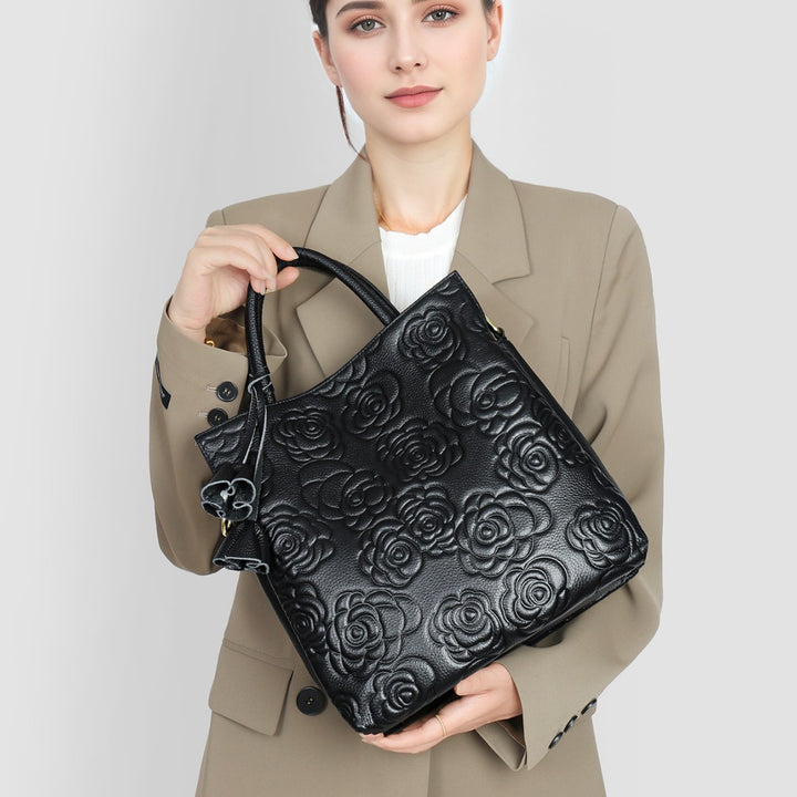 Embossed Floral Leather Tote Bag with Detachable Strap