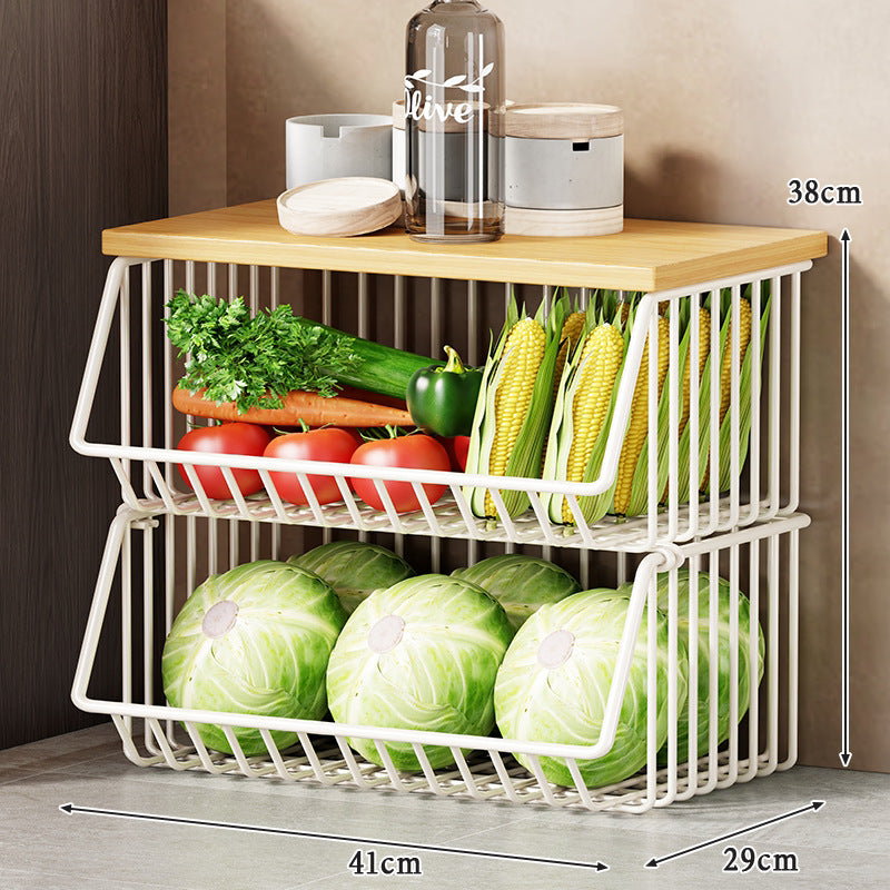 Vertical Five-Tier Rolling Kitchen Produce Storage Cart with Wooden Top and Pull-Out Wire Baskets