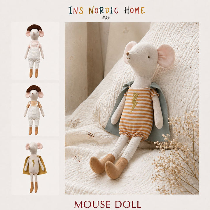 Handcrafted Long-Legged Linen Mouse Plush Doll with Striped Romper