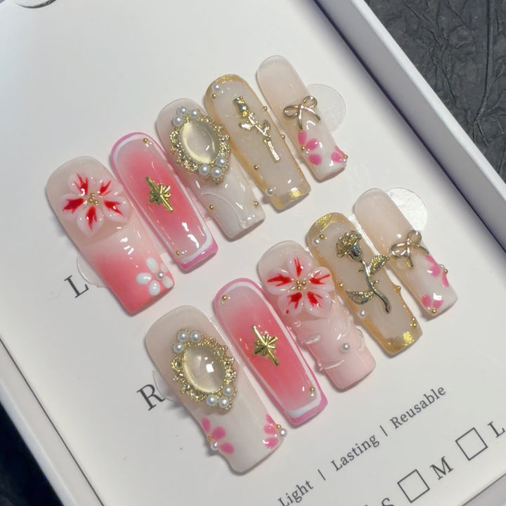 Elegant Floral Themed Press-On Nail Art Set