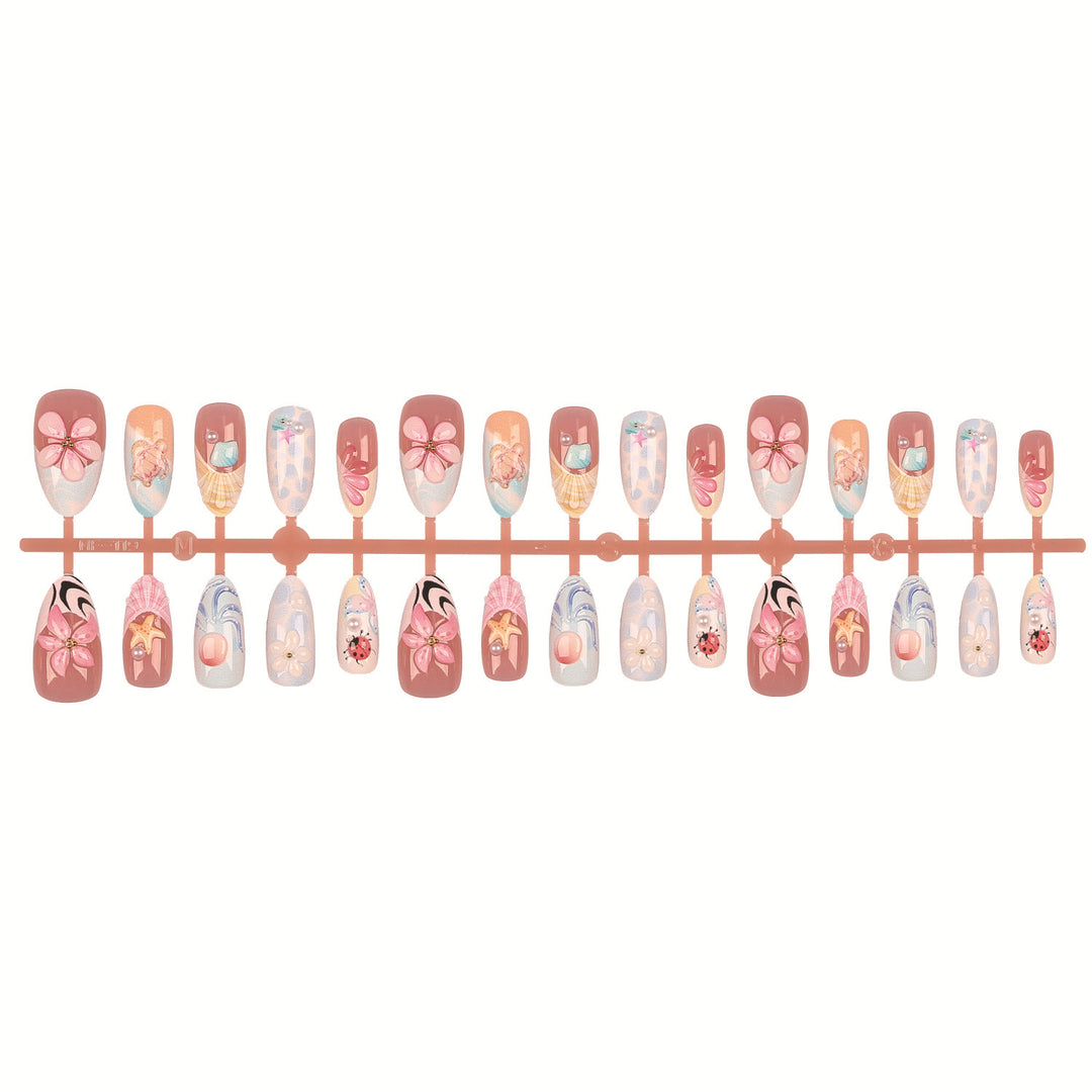 Artistic Press-On Nail Set with Floral and Shell Designs