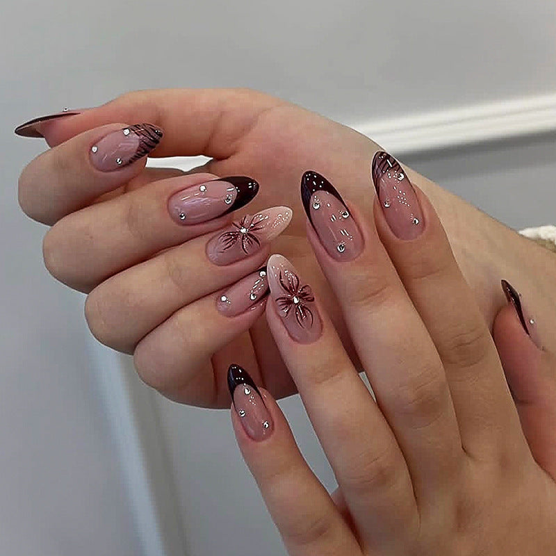 Deluxe Press-On Nail Set with Elegant Black Tips and Embellishments kalsten