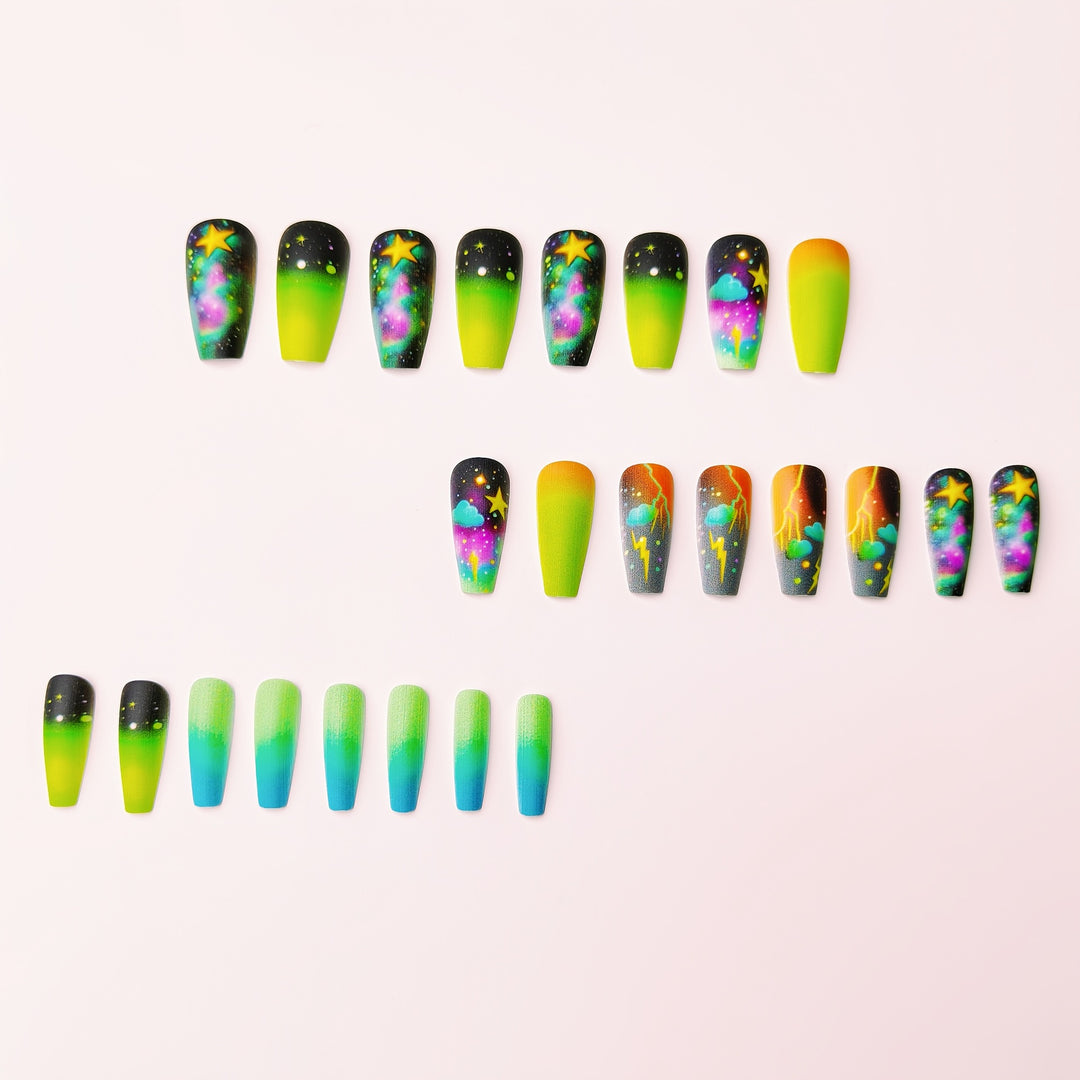 Creative acrylic nails with neon galaxy design Kalsten