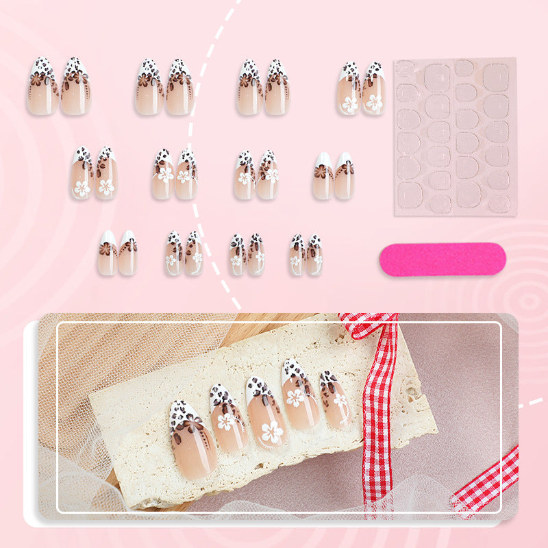 Artistic Press-On Nail Set with Floral and Leopard Design Kalsten