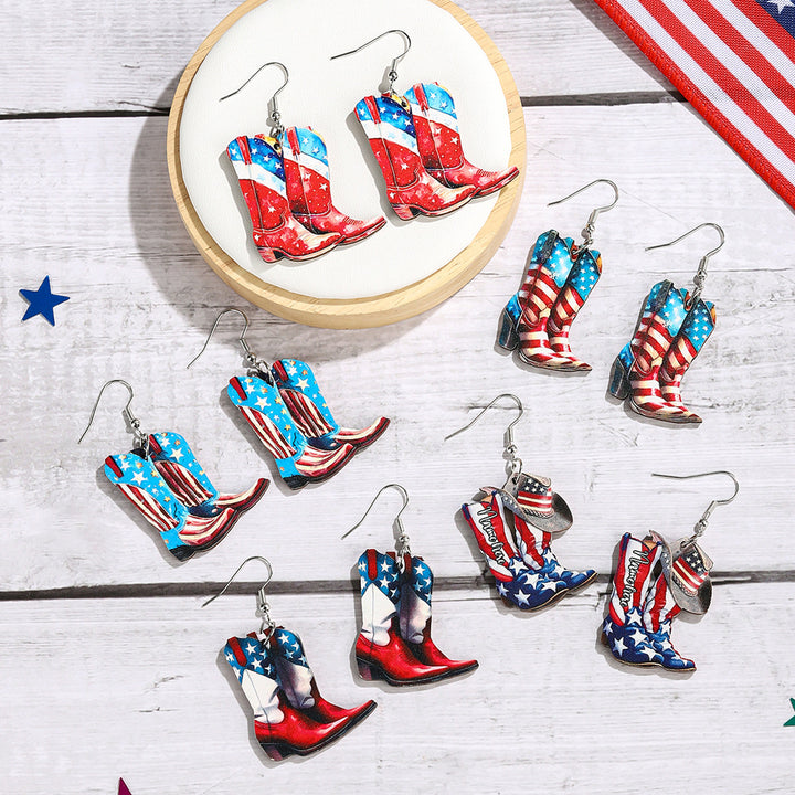 Ladies nan cowboy boots earrings with flag pattern made of lightweight wood Kalsten