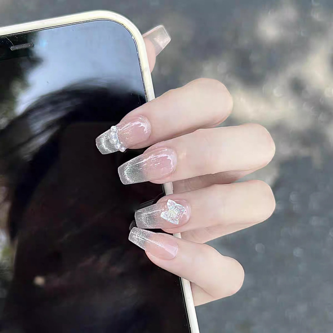 Artistic Press-On Nail Set with Bow and Gemstone Detail Kalsten