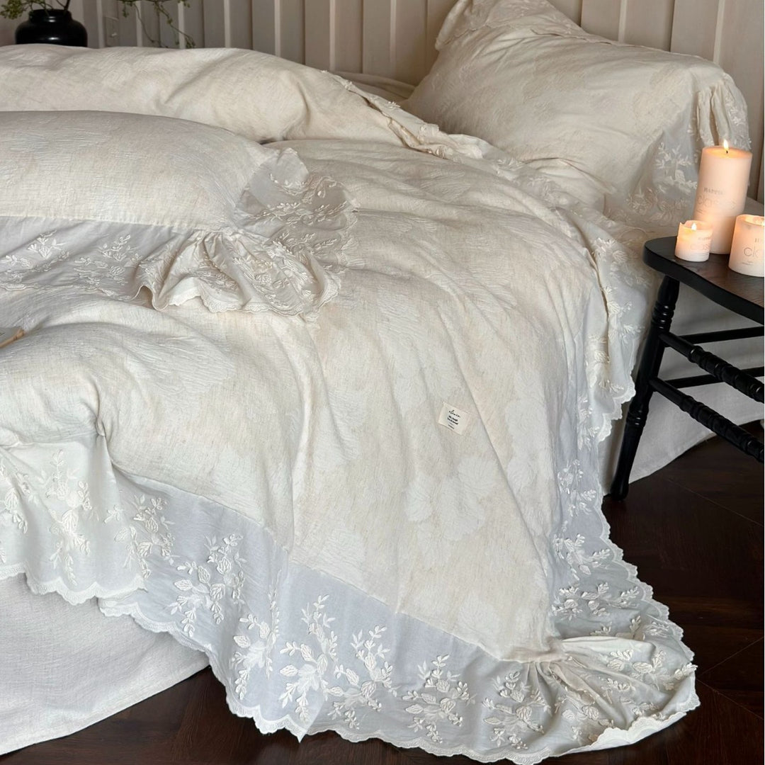 High-quality linen bedding set with floral lace border and ruffle
