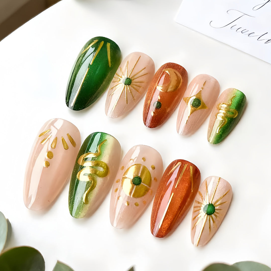 Artistic Press-On Nail Set with Geometric Design