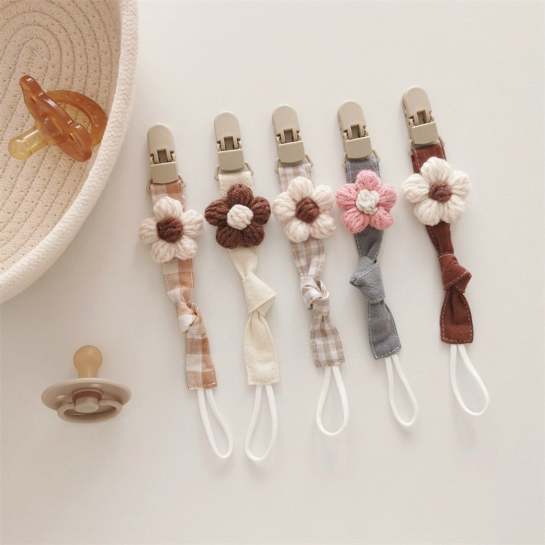 Organic Cotton Pacifier Leash with Quick-Release Clip and Hand-Knit Flower
