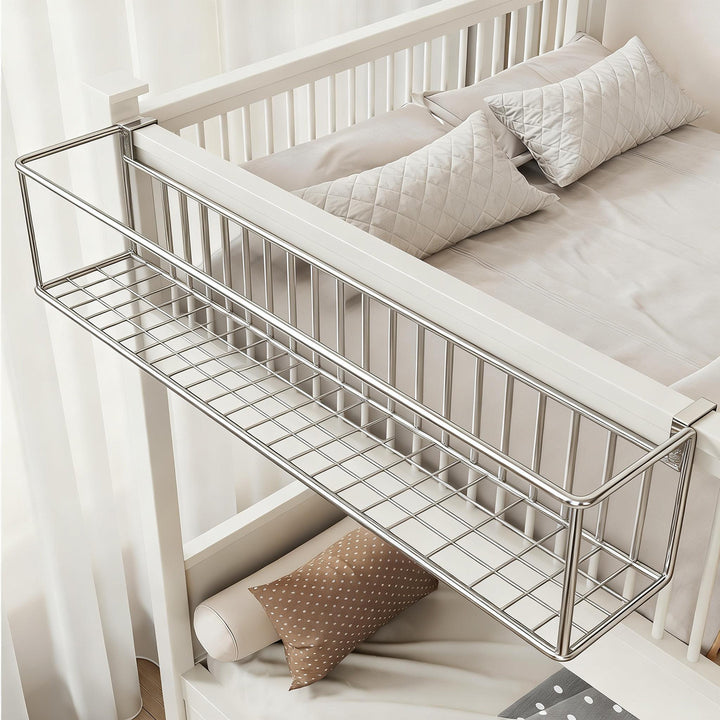 Clamp-On Bed Frame Hanging Mesh Organizer Basket with Rail Mount and Multipurpose Storage