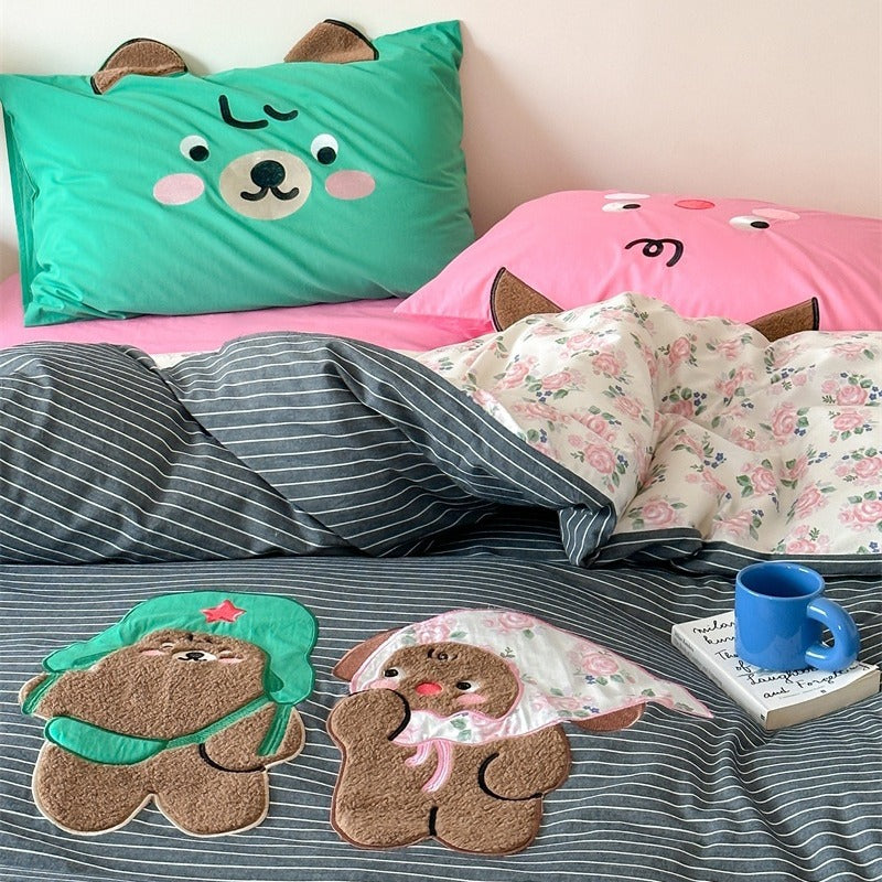 Bedding set made of cotton satin with embroidered bow motif & vichy ruffle