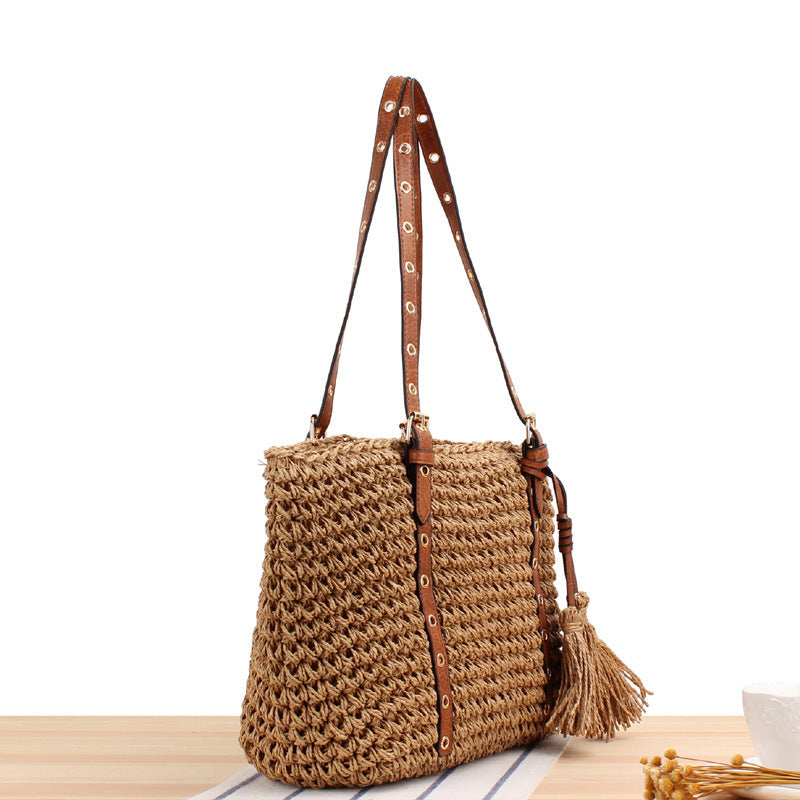 Large Braided Beach Bag with Elegant Contrast Handles Kalsten