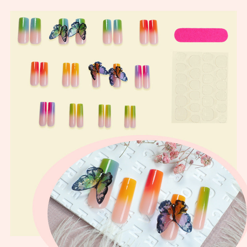 Artistic Press-On Nail Set with Butterfly and Gradient Design kalsten