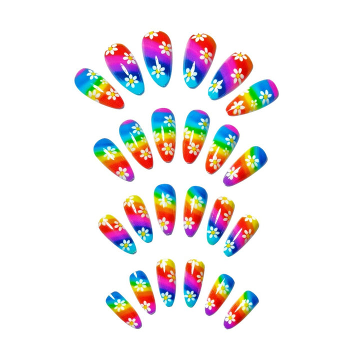 Creative Nail Art with Colorful Rainbow Design and Playful Flower Motifs Kalsten