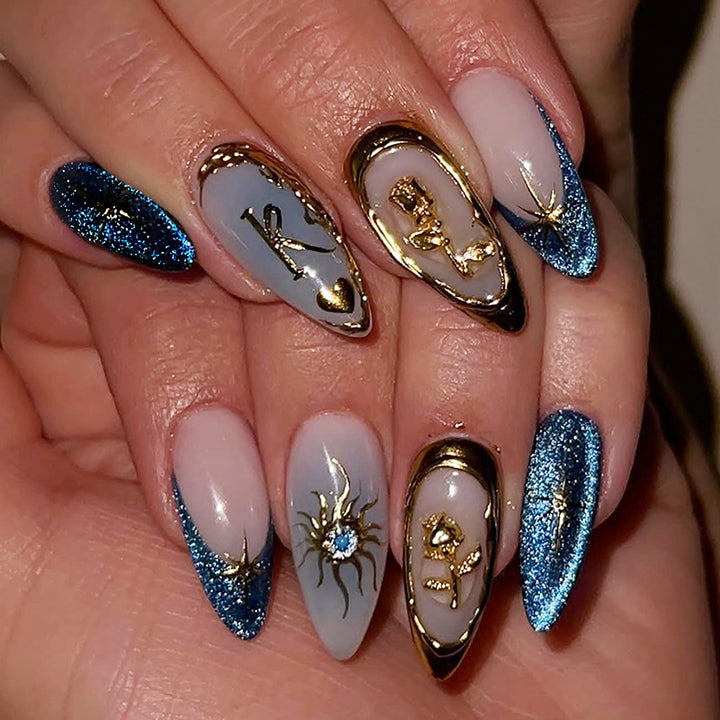Glittery Press-On Nail Art Set with Unique Geometric Designs Kalsten