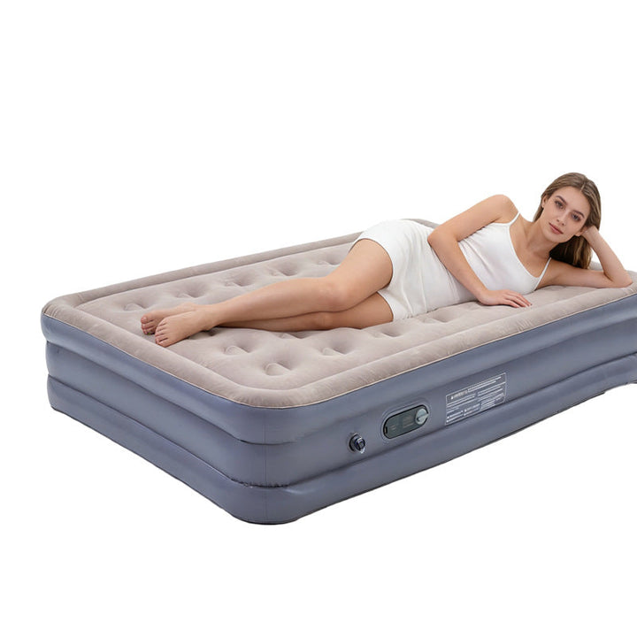 electric inflatable single air mattress with integrated auto pump, flocked tufted sleeping surface and raised edge support Kalsten