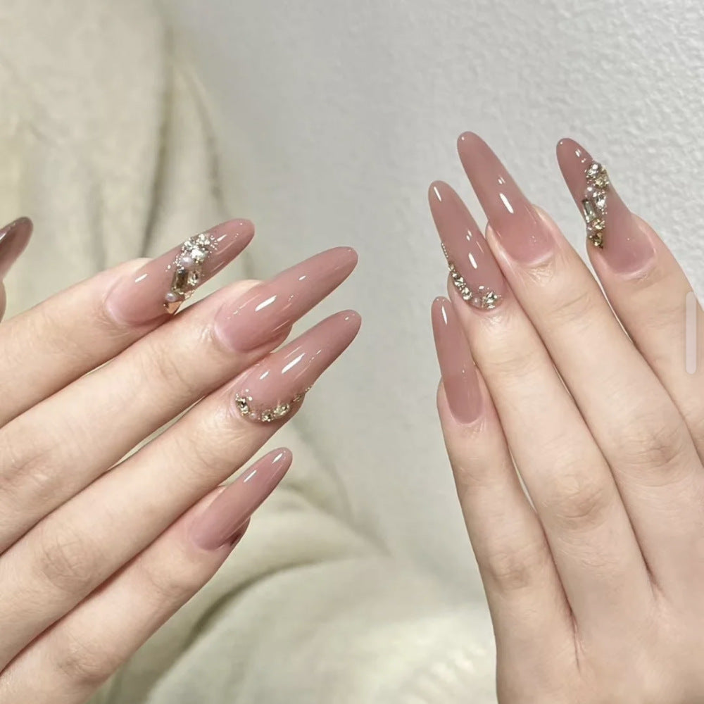 Premium Long Almond-Shaped Press-On Nail Set with Floral and Crystal Accents Kalsten
