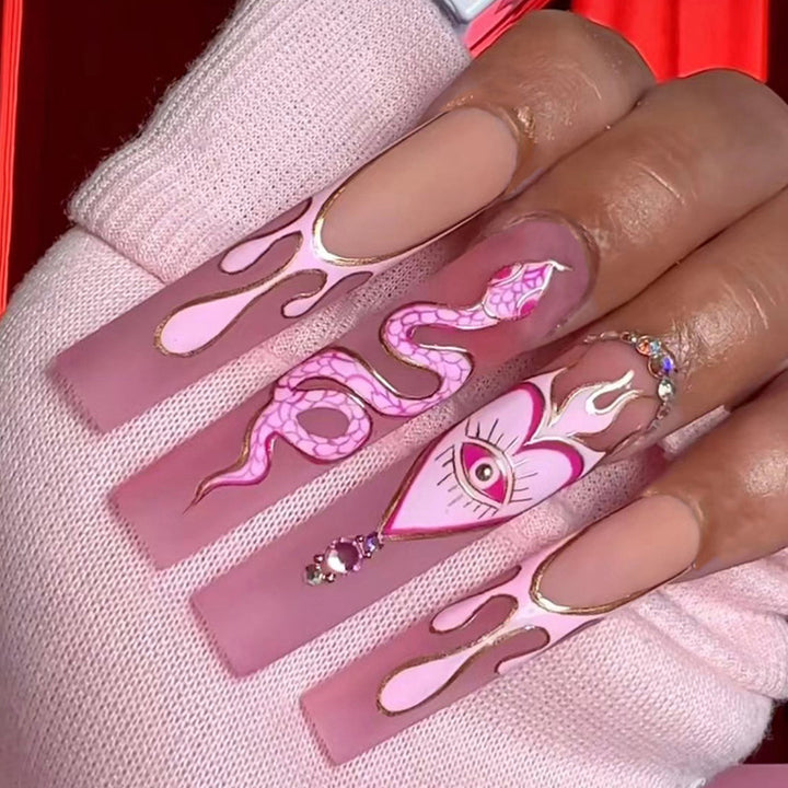 Artful Nail Extensions with Snake and Flower Decoration Kalsten