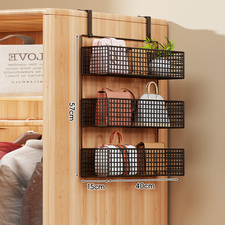 Over-the-Door Metal Grid Hanging Organizer with Four Stackable Baskets and Hooks