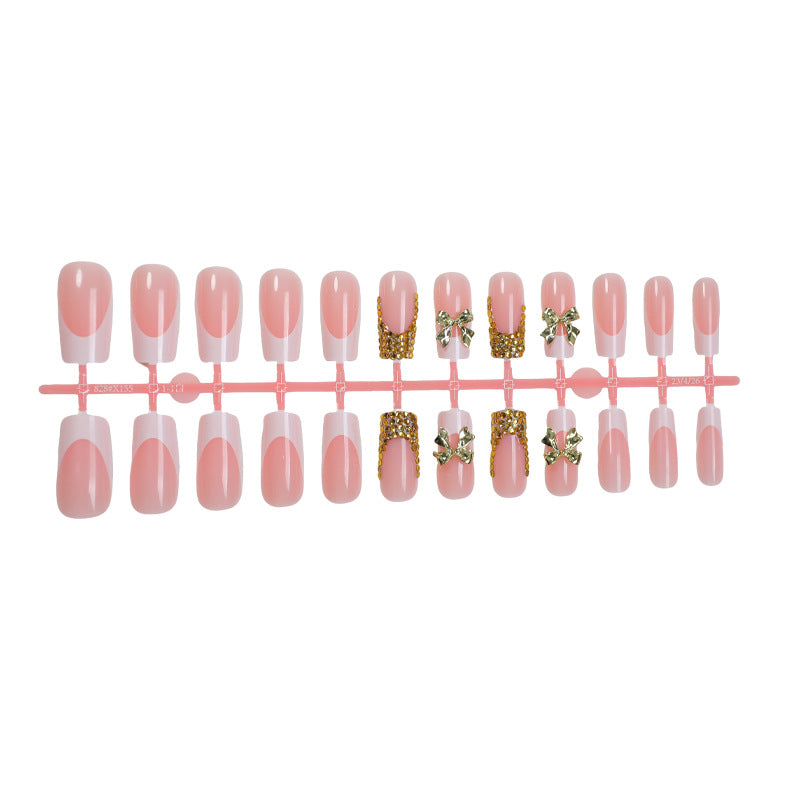 Decorative Press-On Nail Art Set with Elegant Bow and Gem Accents kalsten