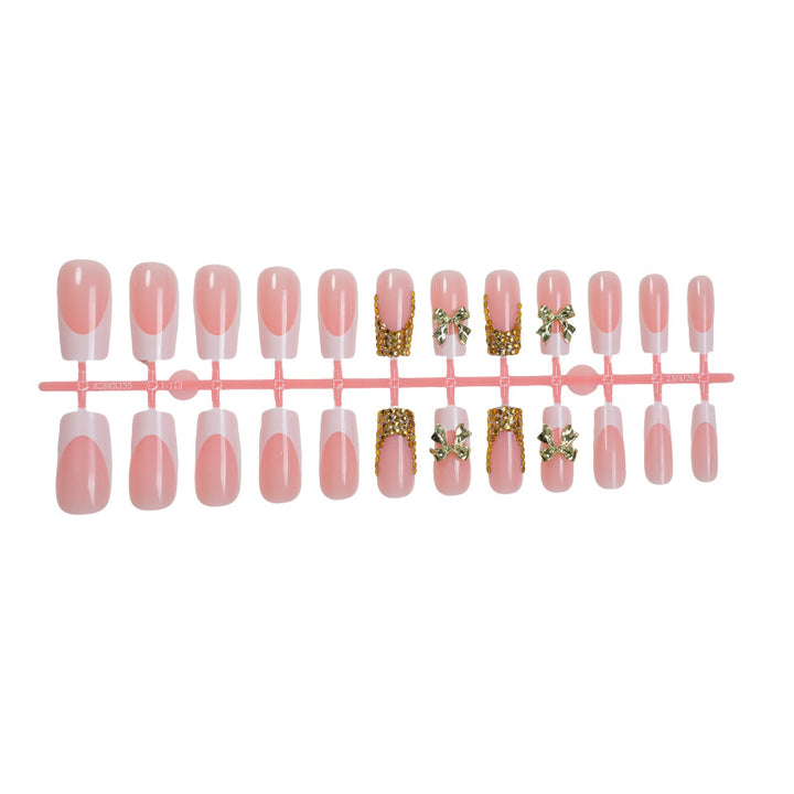 Decorative Press-On Nail Art Set with Elegant Bow and Gem Accents kalsten