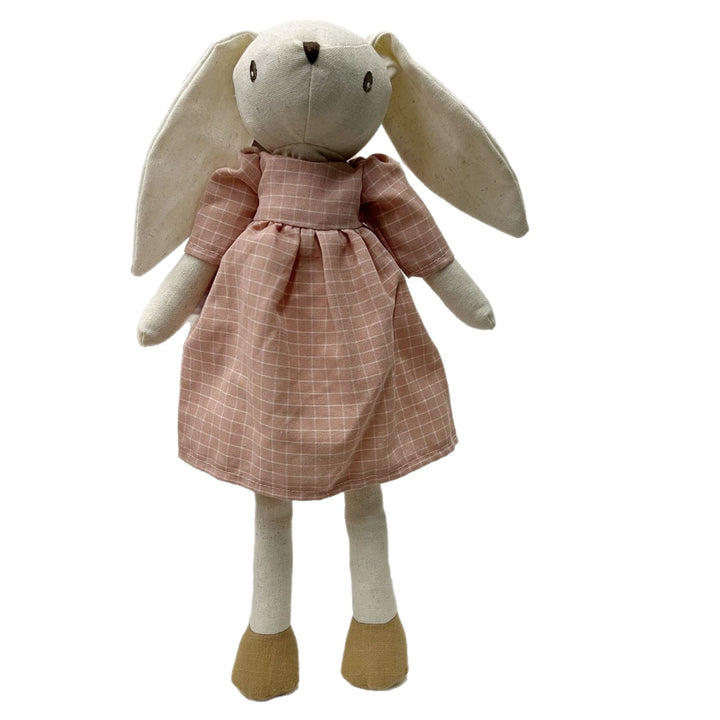 Soft Long‑Leg Linen Bunny Plush with Checkered Collar and Gathered Overalls