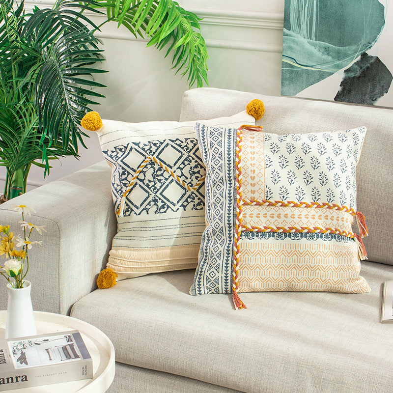 Woven decorative cushion cover in ethnic mix with braided ribbon and tassels Kalsten