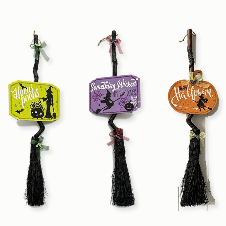 Hanging Halloween Decor Broomstick Pendant with Twisted Handle and 'Hocus Pocus' Sign