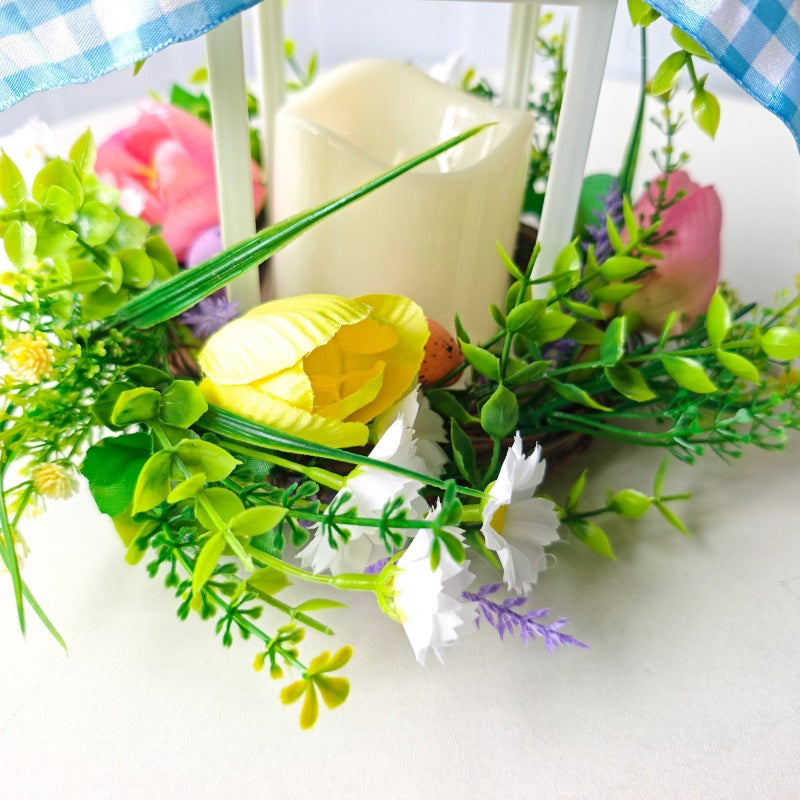Decorative table lantern with artificial flowers and ribbon Kalsten