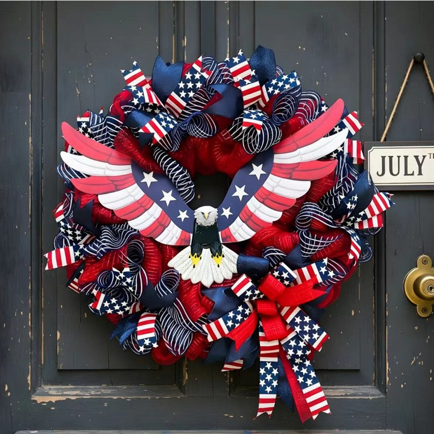 Unisex nan Patriotic Americana Heart Flag Wreath with Ribbon Mesh, Wooden Heart Cutout and Star Accent Bowlsift Kalsten