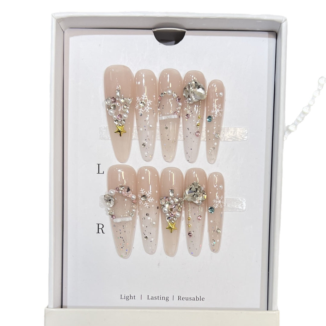 Artistic Press-On Nail Set with Snowflake and Gemstone Designs Kalsten