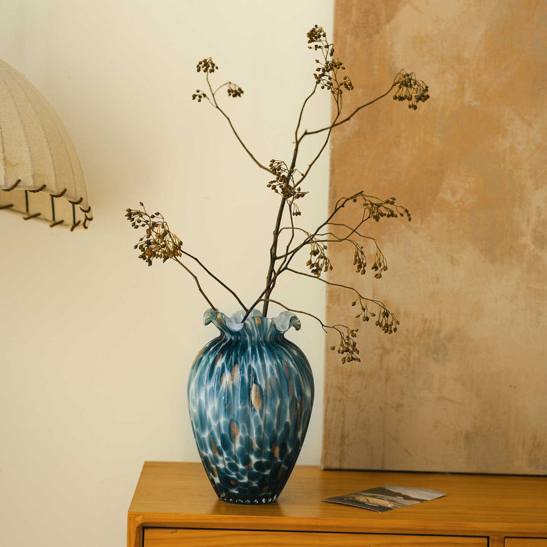 Handblown Sculptural Rippled Bulb Vase with Ruffled Neck Kalsten
