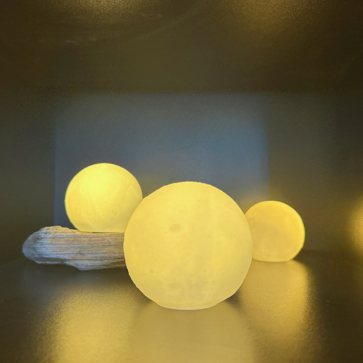 3D Lunar Texture LED Orb Night Lamp with Wooden Geometric Stand Kalsten