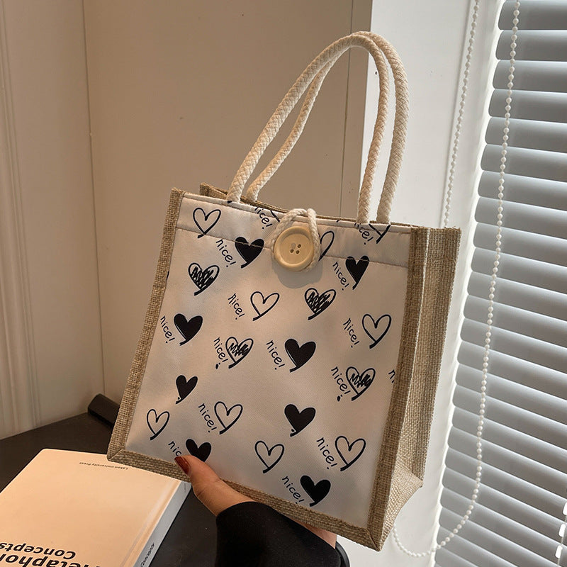 Heart-Patterned Canvas Shopping Tote