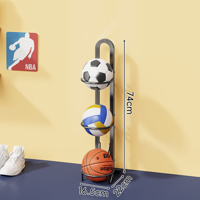 Vertical Sports Ball Storage Rack with Four Hoop Holders and Slim Metal Frame