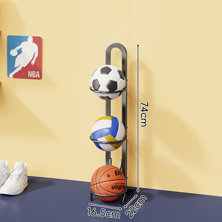 Vertical Sports Ball Storage Rack with Four Hoop Holders and Slim Metal Frame