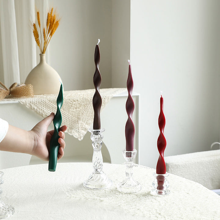 Hand-Poured Sculptural Wave Taper Candle Set with Crystal Glass Holders