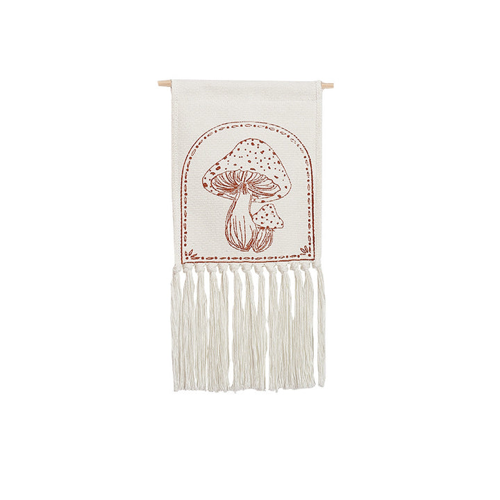 Woven wall hanging with hand-drawn mushroom motif and long cotton fringes Kalsten