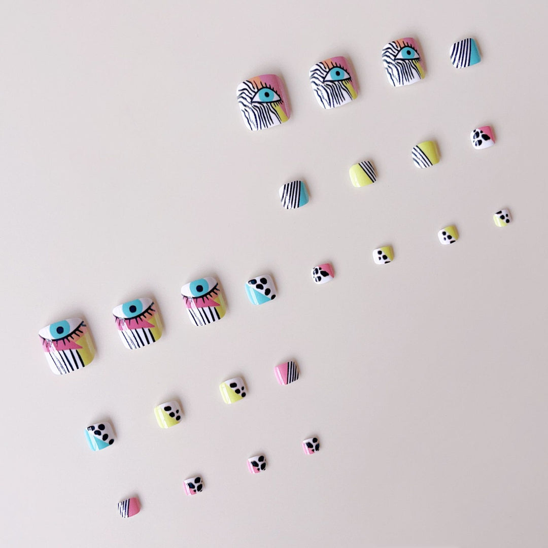 Artificial nail set with vibrant color accents and geometric patterns Kalsten