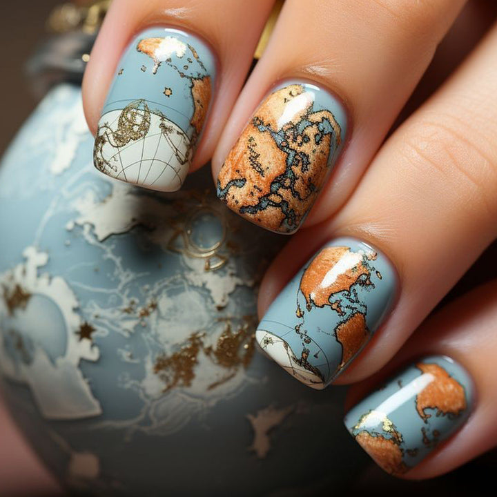 Creative artificial nails with world map inspired design Kalsten